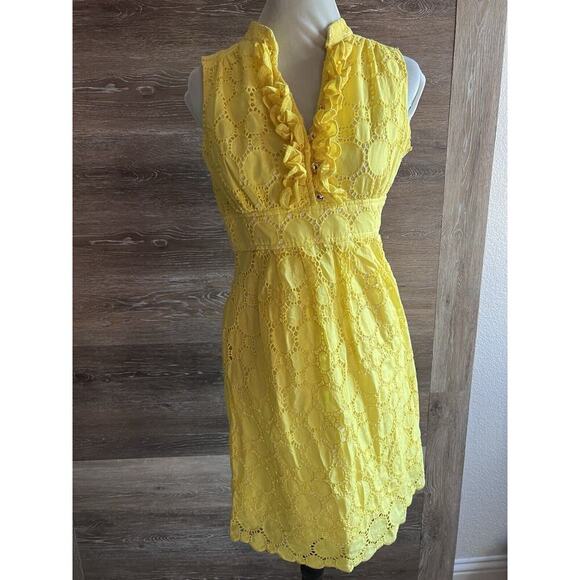 Shoshanna Dresses & Skirts - Shoshanna Women Dress Yellow Eyelet Deep V Neck Size 4 Sleeveless Spring Summer